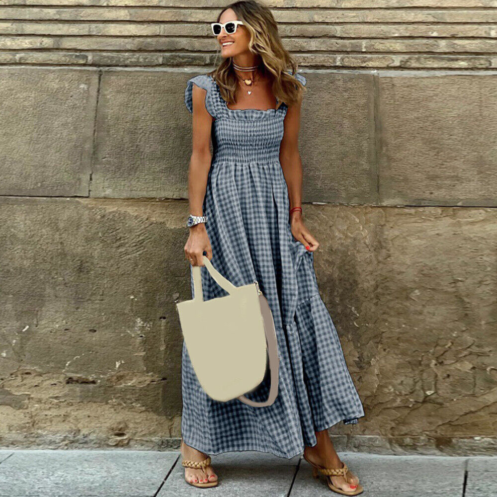 Smocked Square Neck Flutter Sleeve Gingham Tiered Maxi Summer Dress