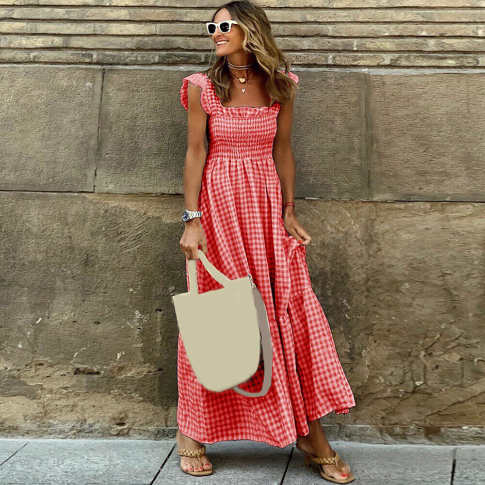 Smocked Square Neck Flutter Sleeve Gingham Tiered Maxi Summer Dress