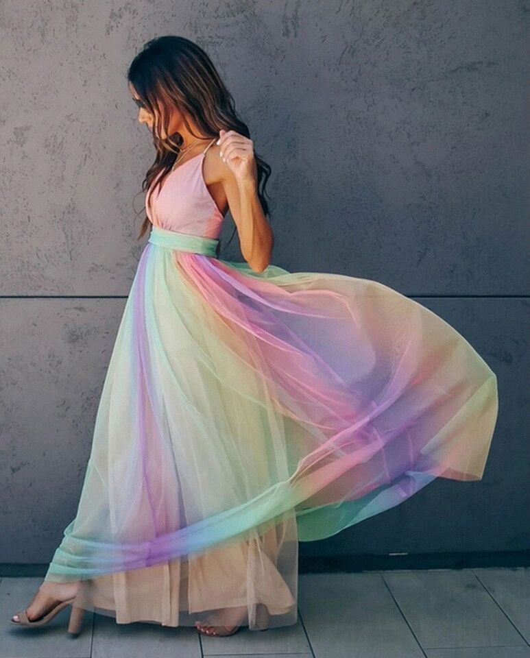 Deep V-Neck Empire Waist Sleeveless Striped Tulle Maxi Dress