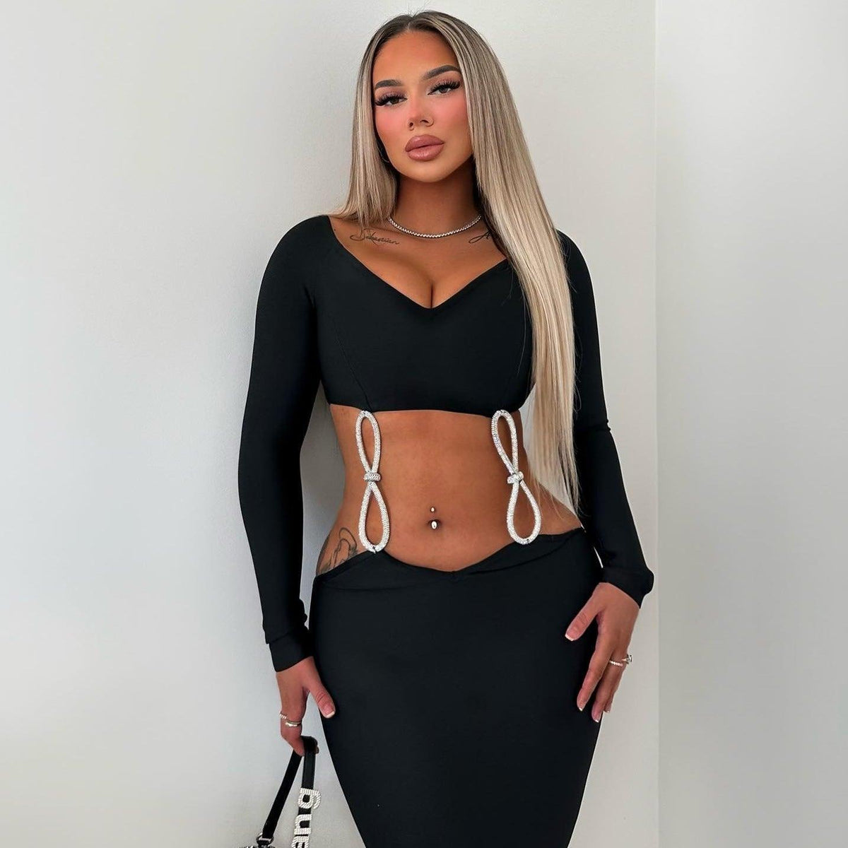 V-Neck Long Sleeve Rhinestone Bow Cut Out Bodycon Midi Dress