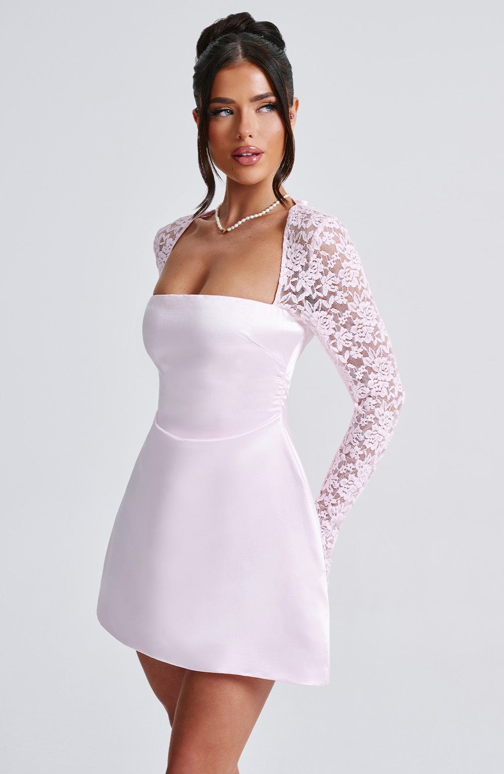 Satin Square Neck Lace Long Sleeve Flared Mini Dress 6
