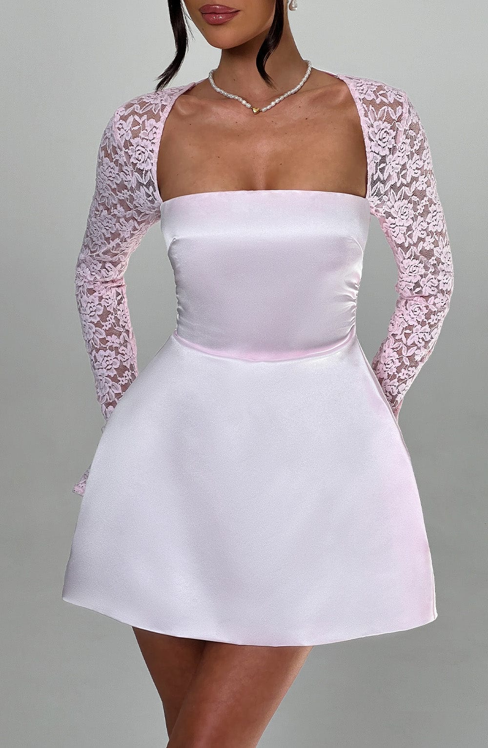 Satin Square Neck Lace Long Sleeve Flared Mini Dress 3