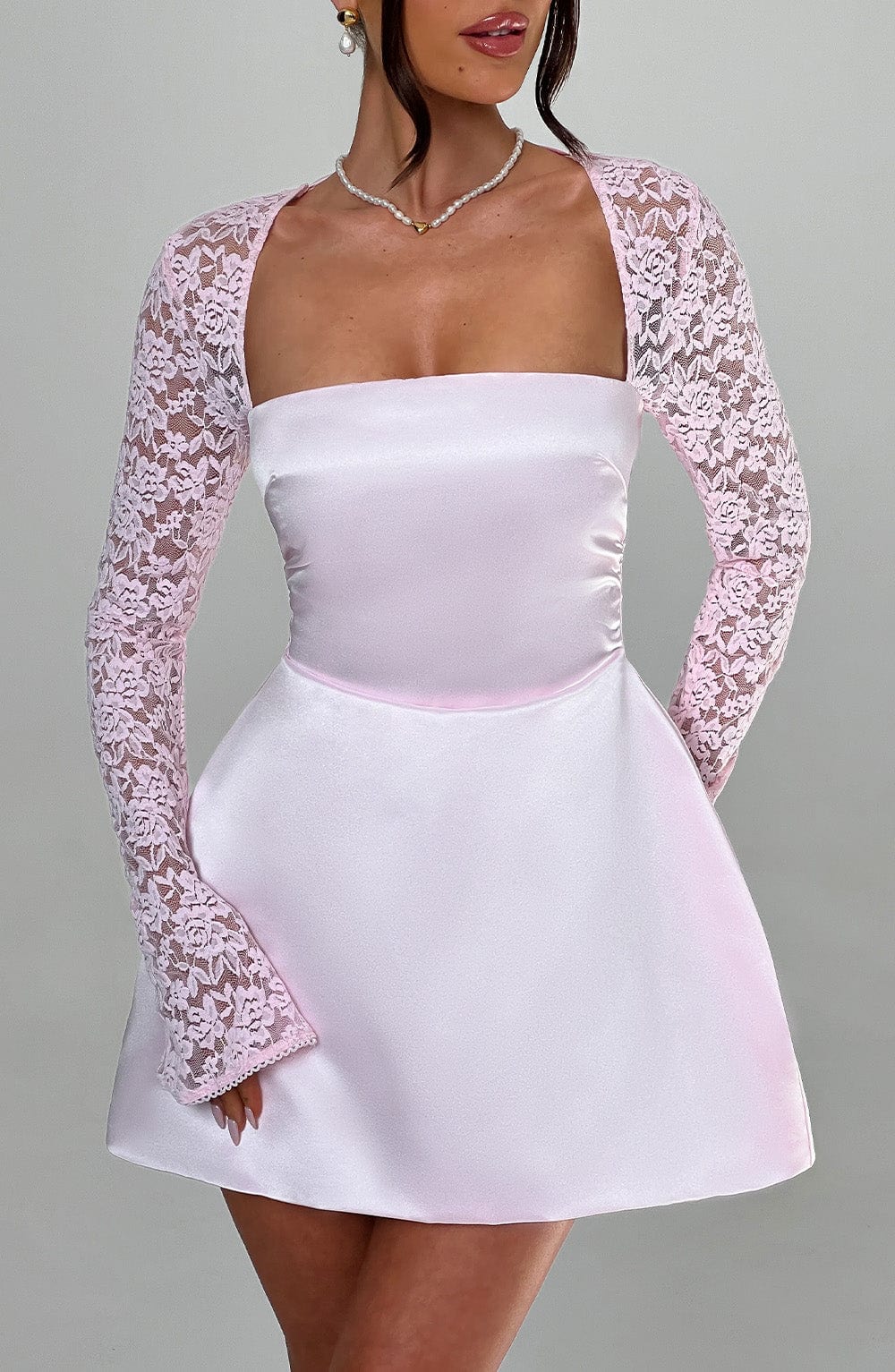 Satin Square Neck Lace Long Sleeve Flared Mini Dress 8