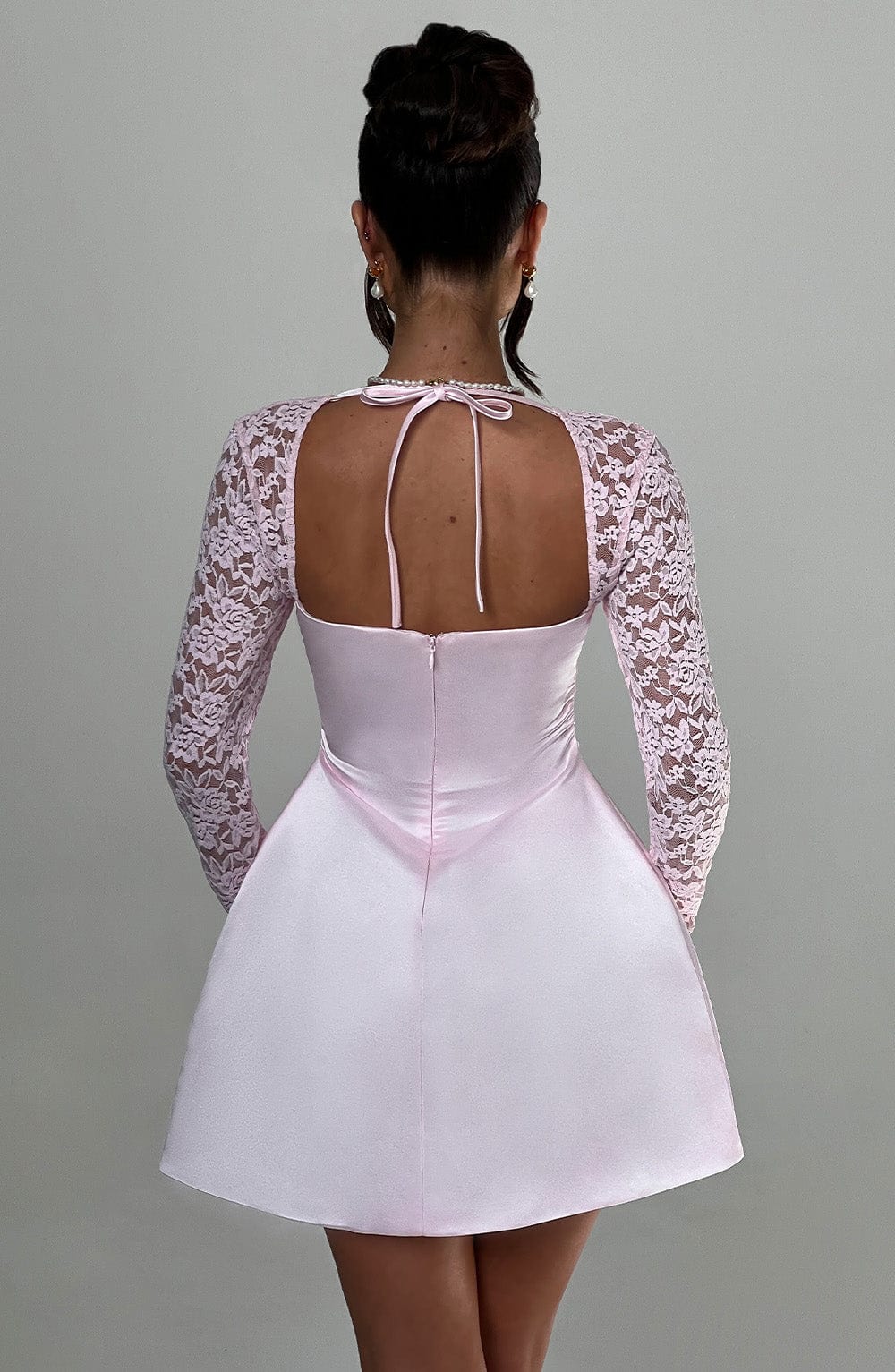 Satin Square Neck Lace Long Sleeve Flared Mini Dress 2