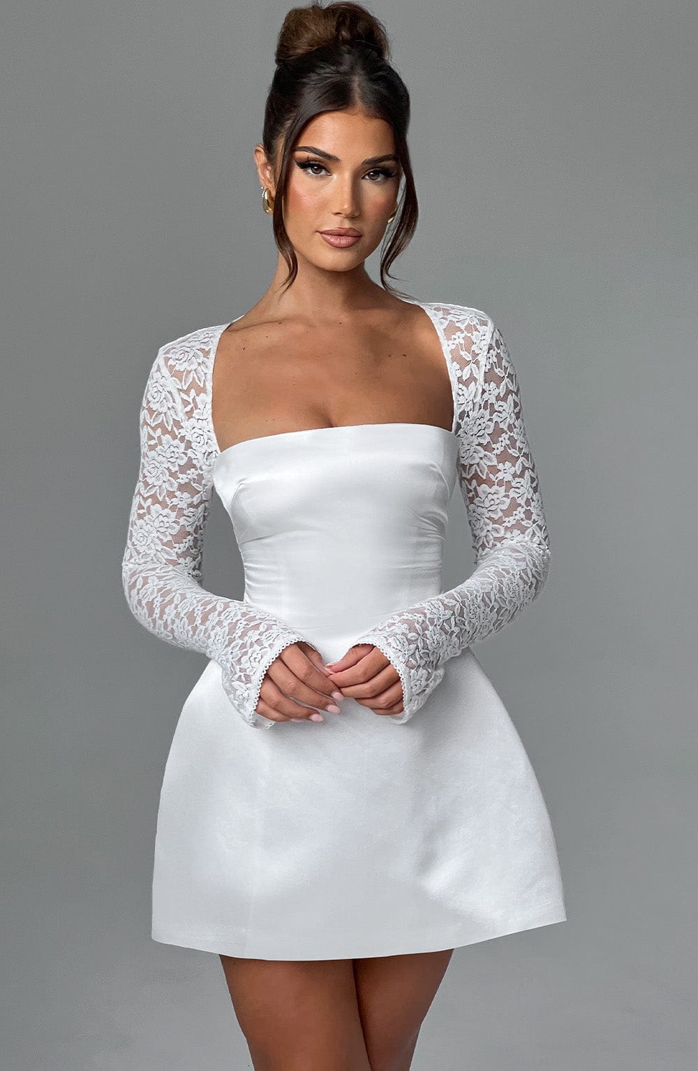 Satin Square Neck Lace Long Sleeve A-Line Mini Dress 8