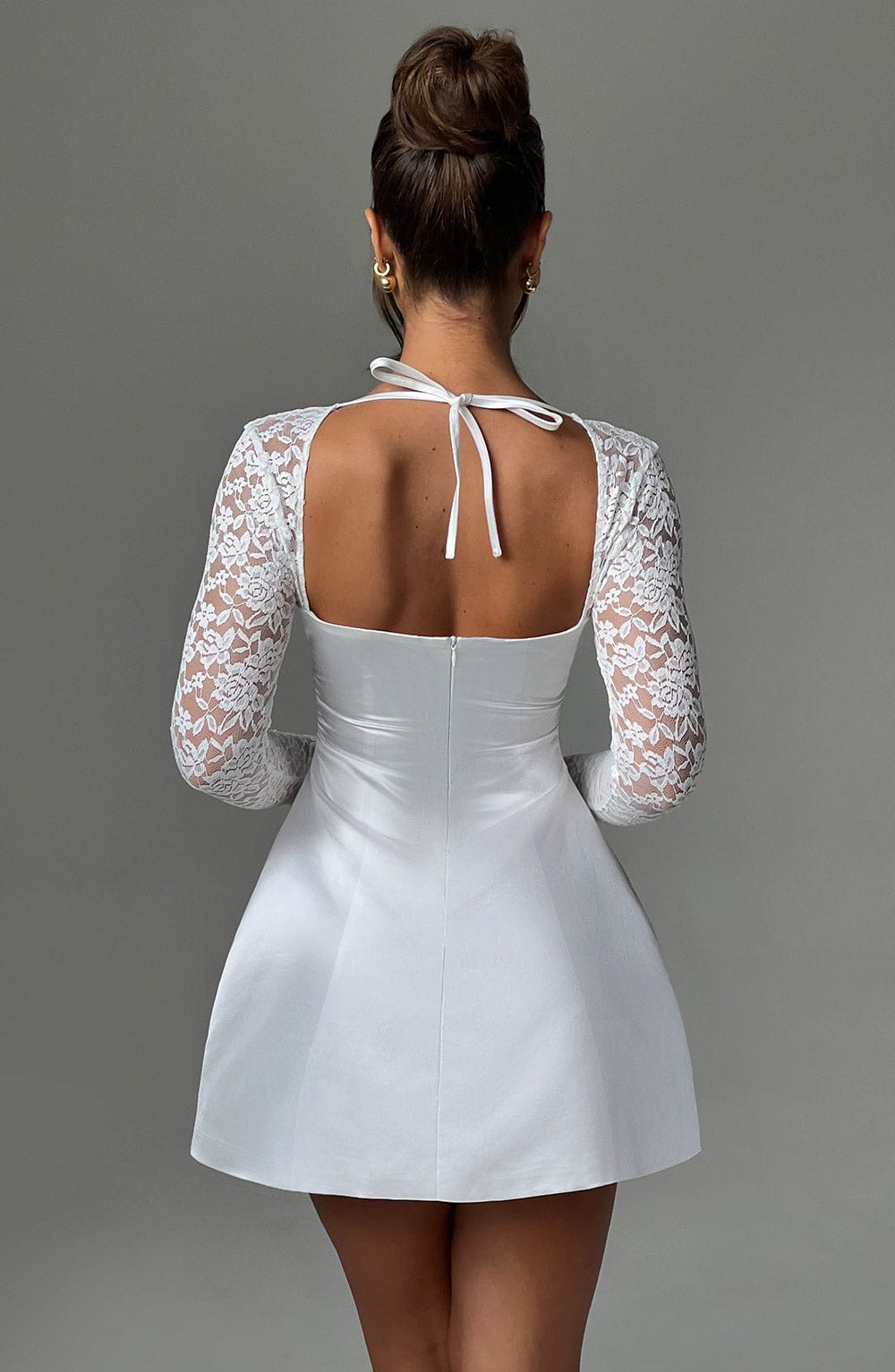 Satin Square Neck Lace Long Sleeve A-Line Mini Dress 2