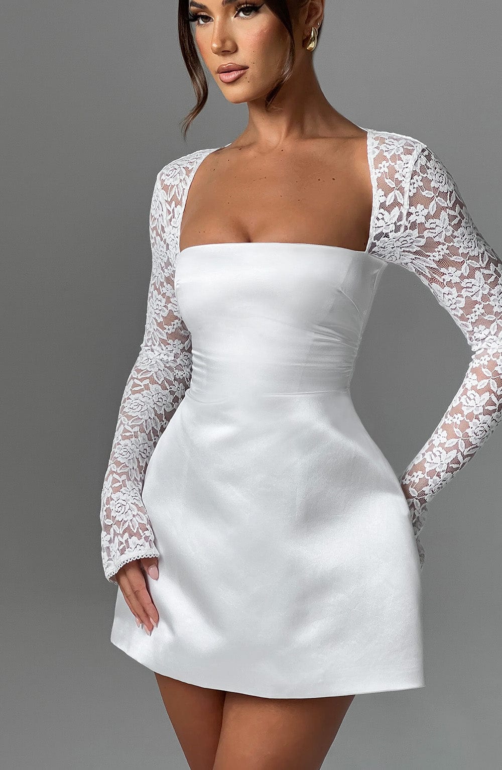 Satin Square Neck Lace Long Sleeve A-Line Mini Dress 7