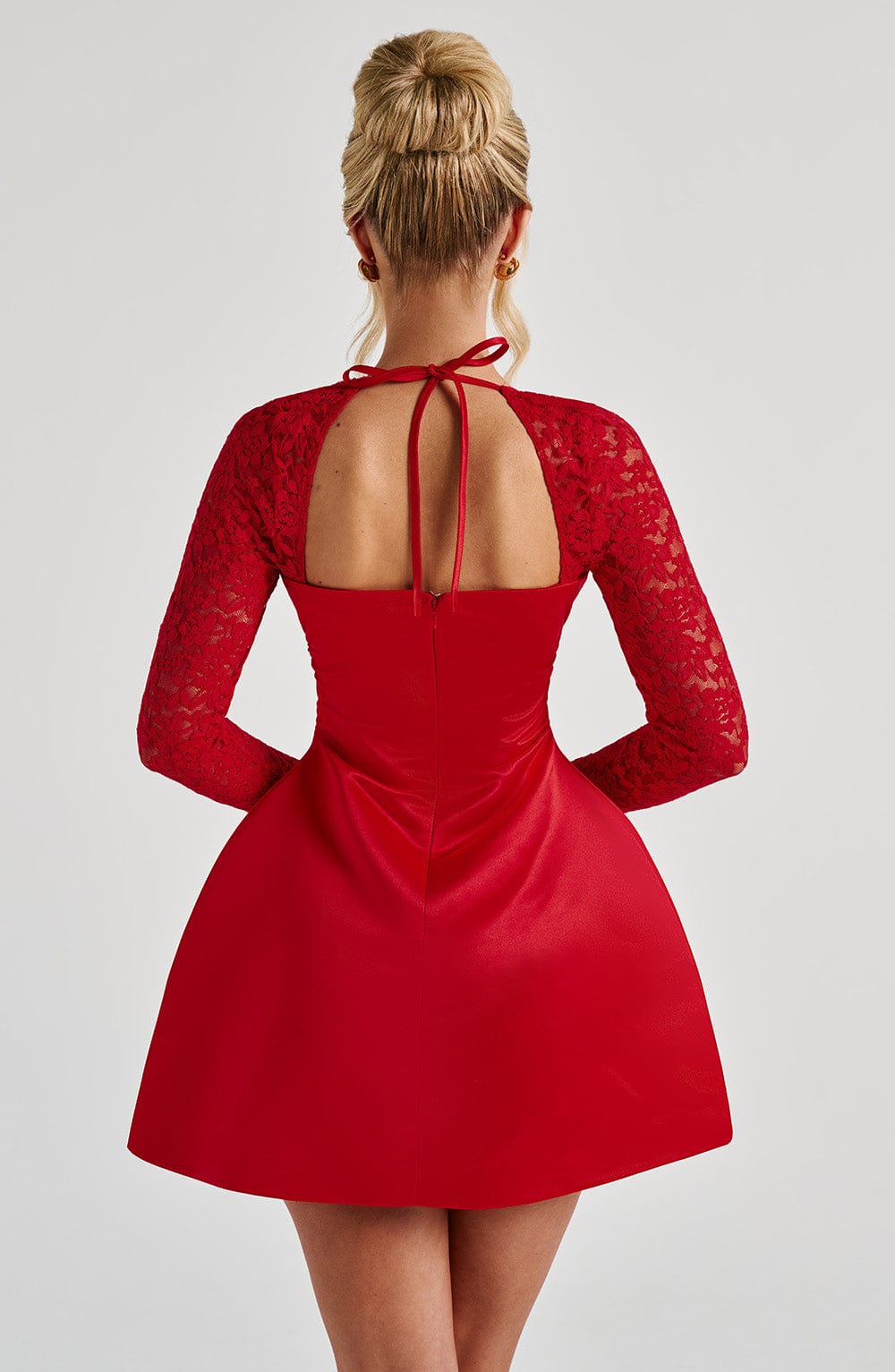 Satin Square Neck Lace Long Sleeve Fit and Flare Mini Dress 2