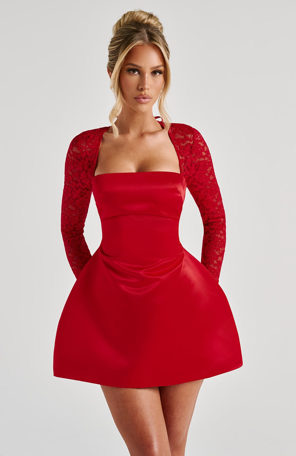 Satin Square Neck Lace Long Sleeve Fit and Flare Mini Dress 9
