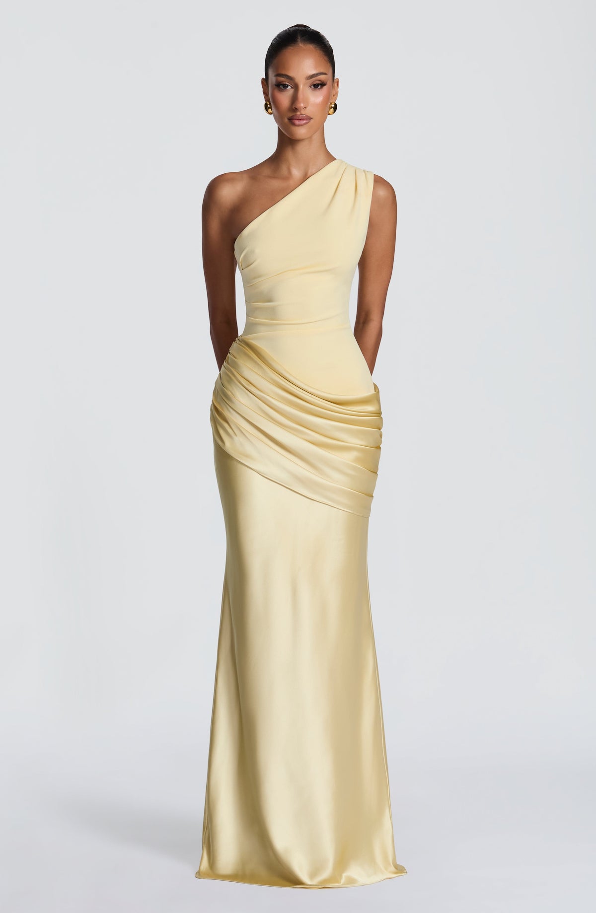 Satin One Shoulder Draped Hip Mermaid Maxi Gown