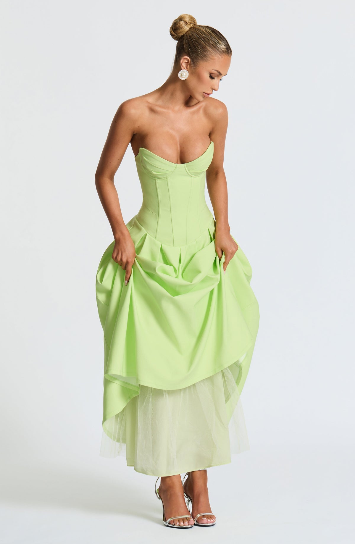 Strapless Sweetheart Corset Bodice Drop Waist Full Skirt Midi Dress 3
