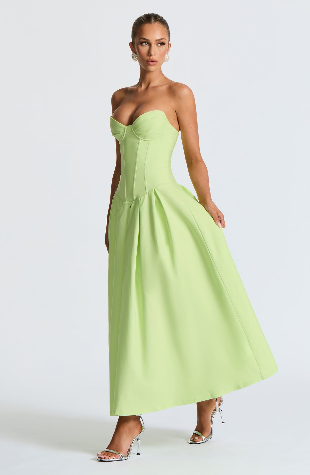 Strapless Sweetheart Corset Bodice Drop Waist Full Skirt Midi Dress 4