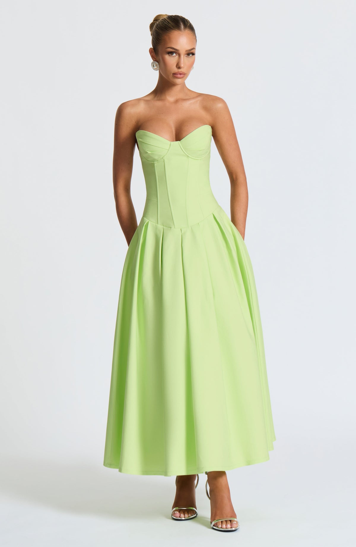 Strapless Sweetheart Corset Bodice Drop Waist Full Skirt Midi Dress 10