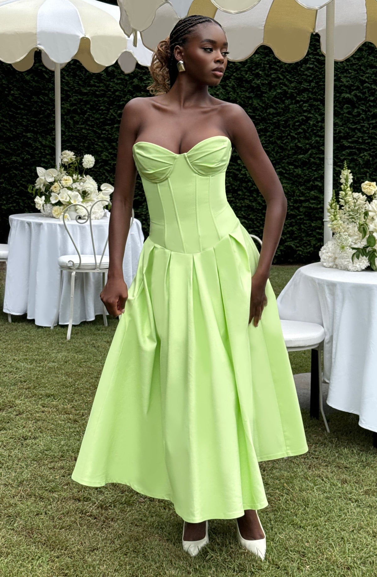Strapless Sweetheart Corset Bodice Drop Waist Full Skirt Midi Dress 6
