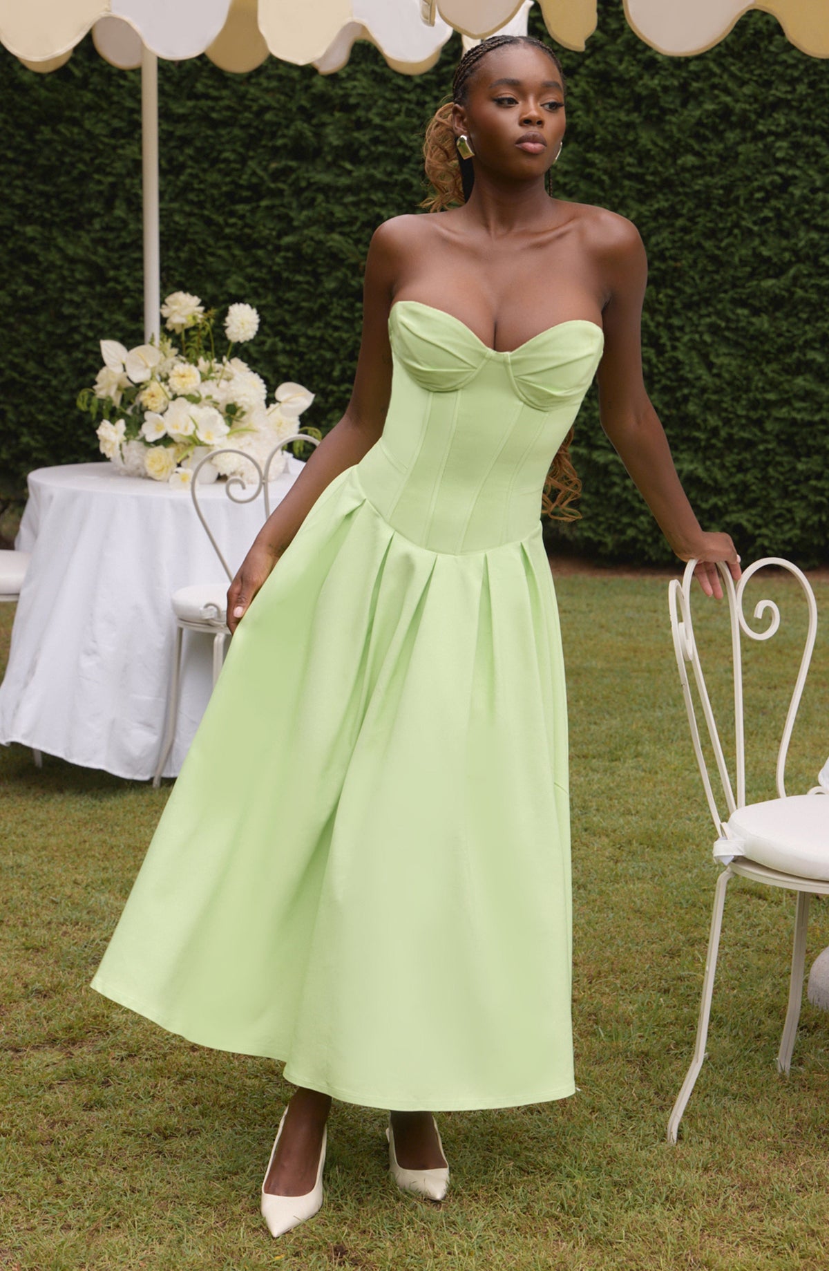 Strapless Sweetheart Corset Bodice Drop Waist Full Skirt Midi Dress 8