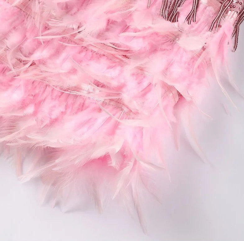 Spaghetti Strap Deep V-Neck Tiered Tassel Fringe Feather Trim Cocktail Mini Dress