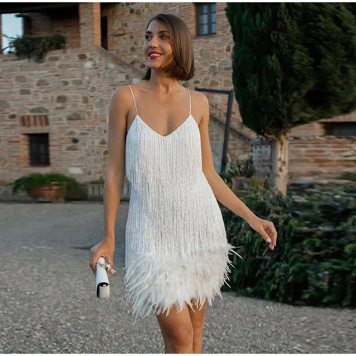 Cocktail Spaghetti Strap Deep V-Neck Fringe Feather Trim Mini Dress