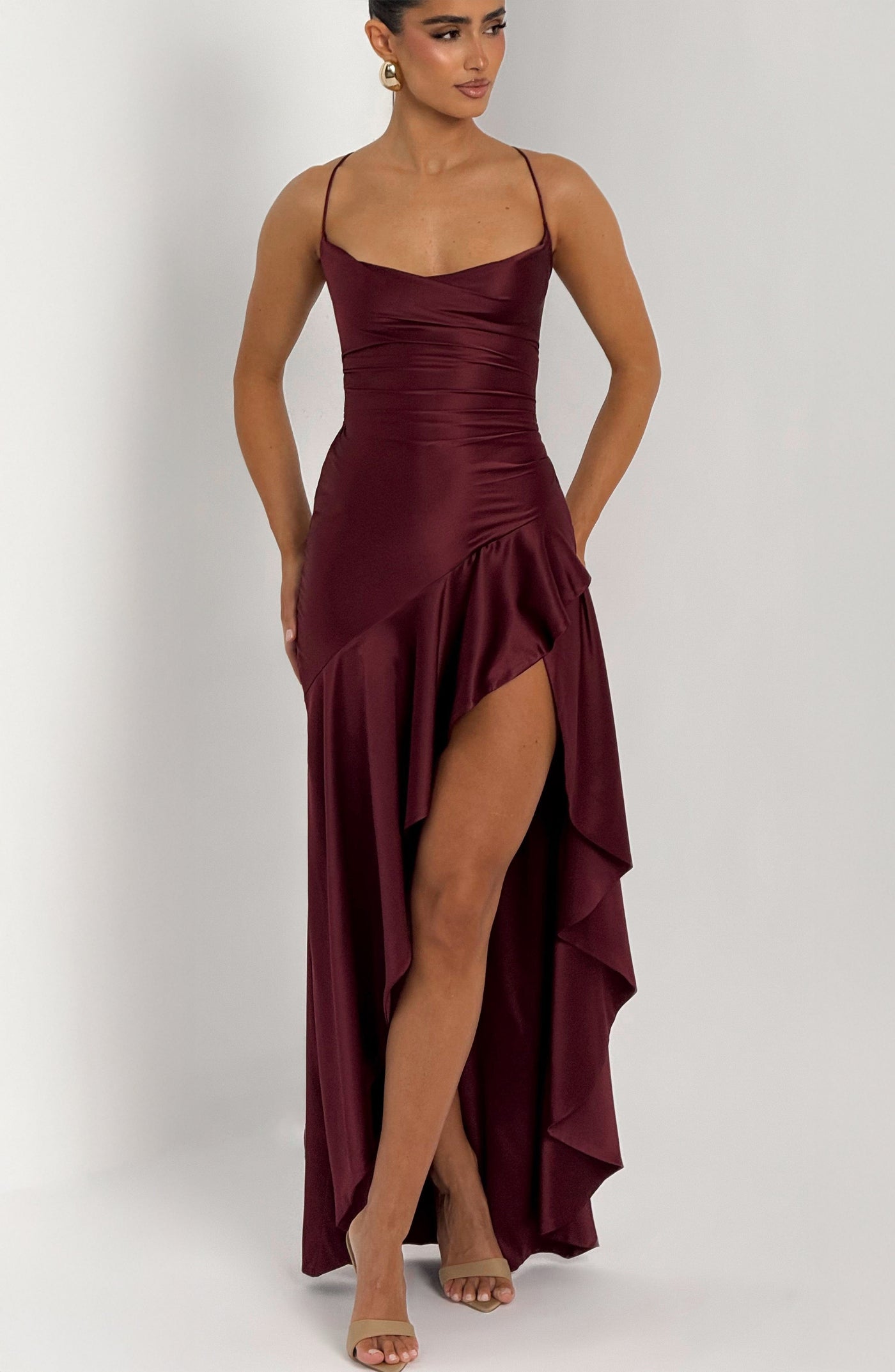 Satin Cowl Neck Ruched High Split Maxi Dress 5