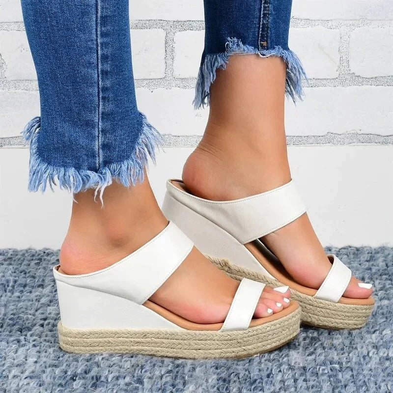 Denim Look Two Band Espadrille Platform Wedge Slides