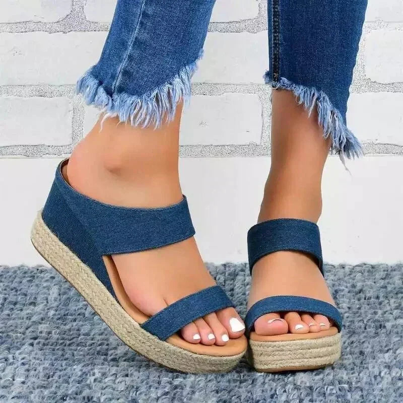 Denim Look Two Band Espadrille Platform Wedge Slides