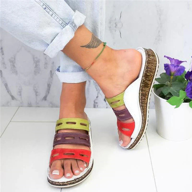 Open Toe Cut Out Multi Strap Wedge Slide Sandals