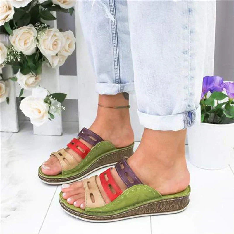 Open Toe Cut Out Multi Strap Wedge Slide Sandals