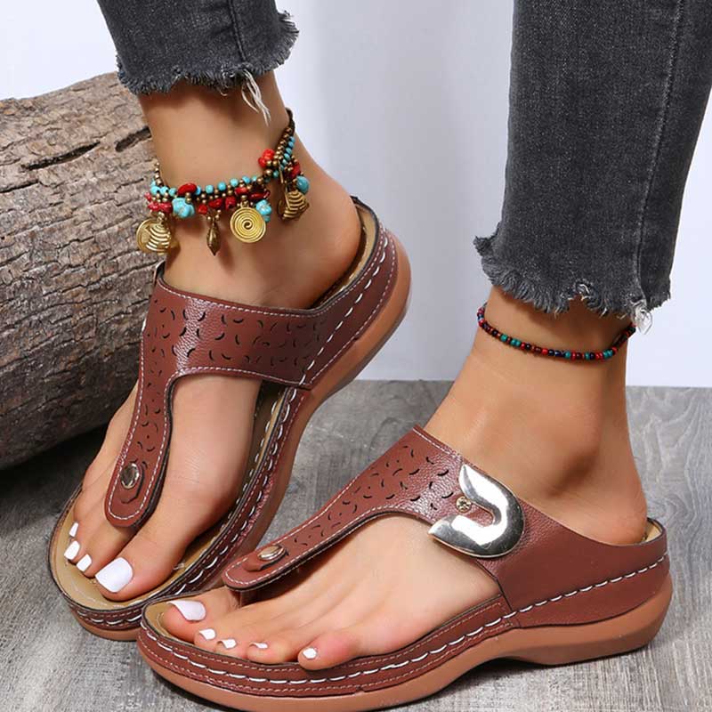 Cut Out Toe Post T-Strap Low Wedge Sandals