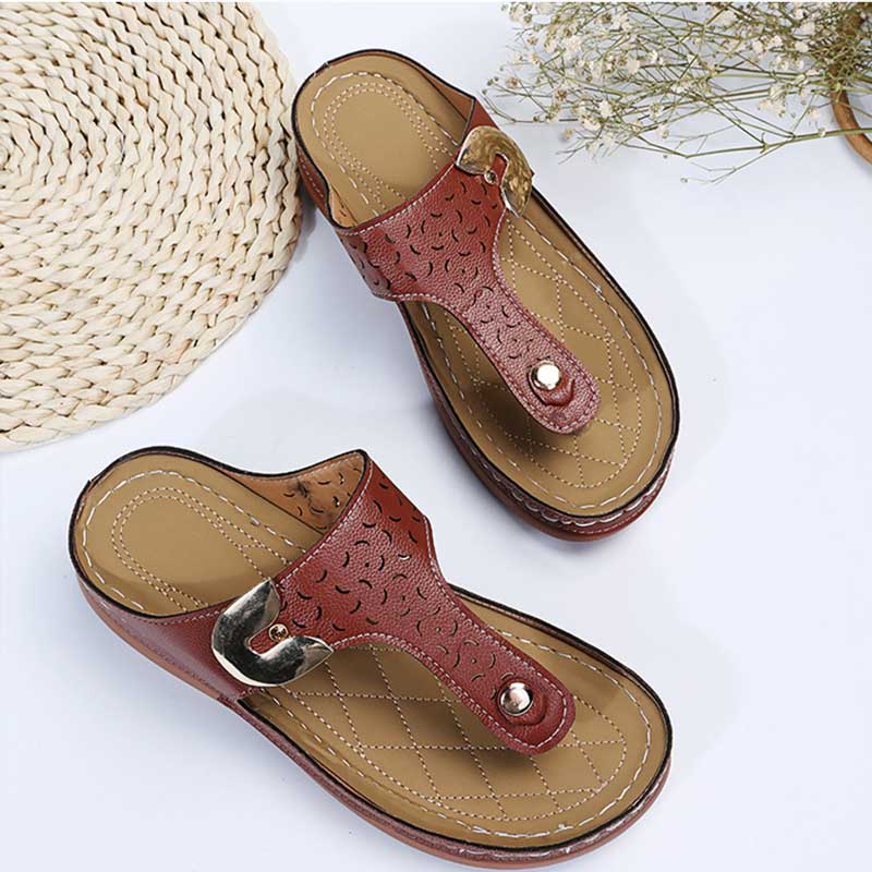 Cut Out Toe Post T-Strap Low Wedge Sandals