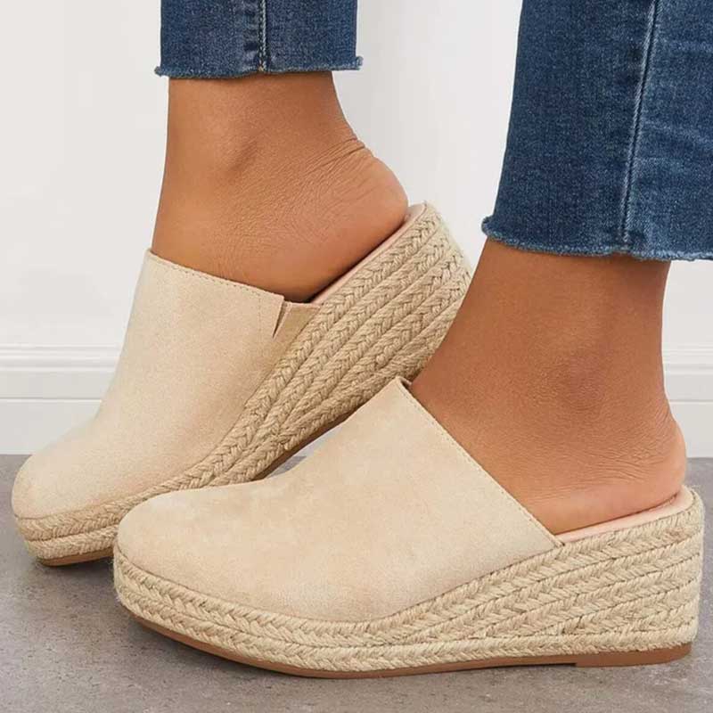 Closed Toe Suede Look Jute Platform Wedge Mules