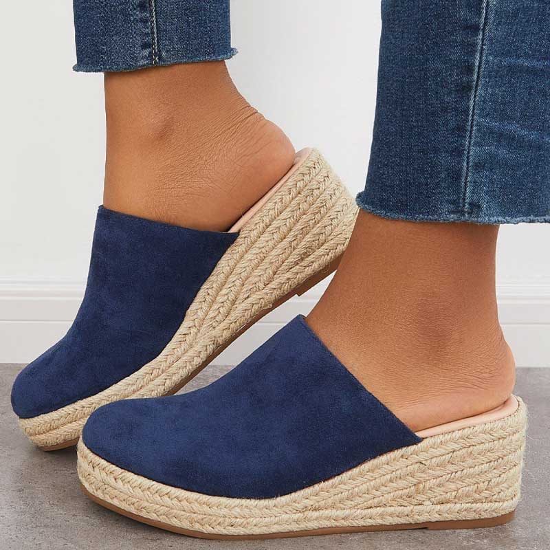 Closed Toe Suede Look Jute Platform Wedge Mules