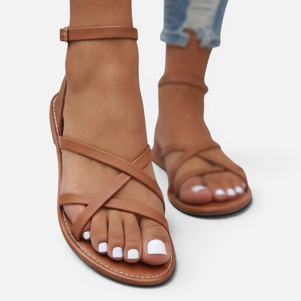 Maison Straver | Women’s Leather Sandals Flat Strappy Comfortable Ankle Strap