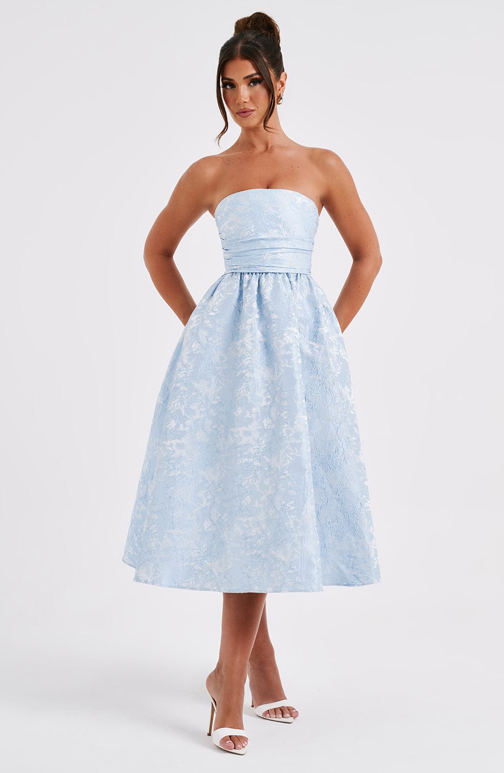 Floral Jacquard Strapless Ruched Waist Fit and Flare Midi Dress 9