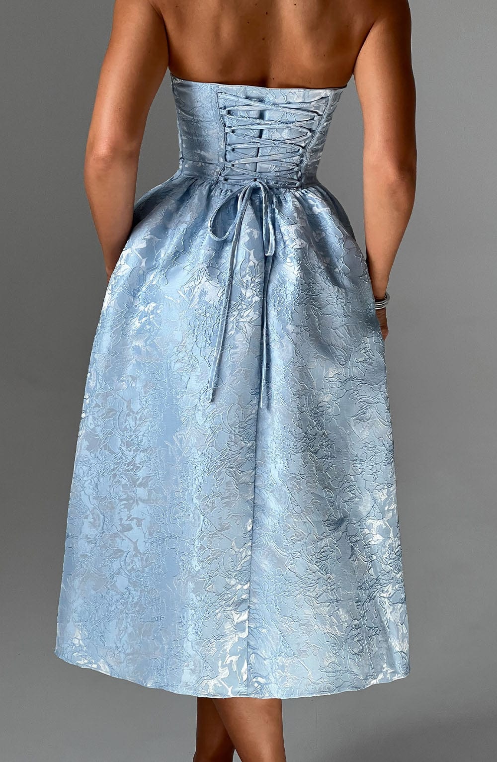 Floral Jacquard Strapless Ruched Waist Fit and Flare Midi Dress 2