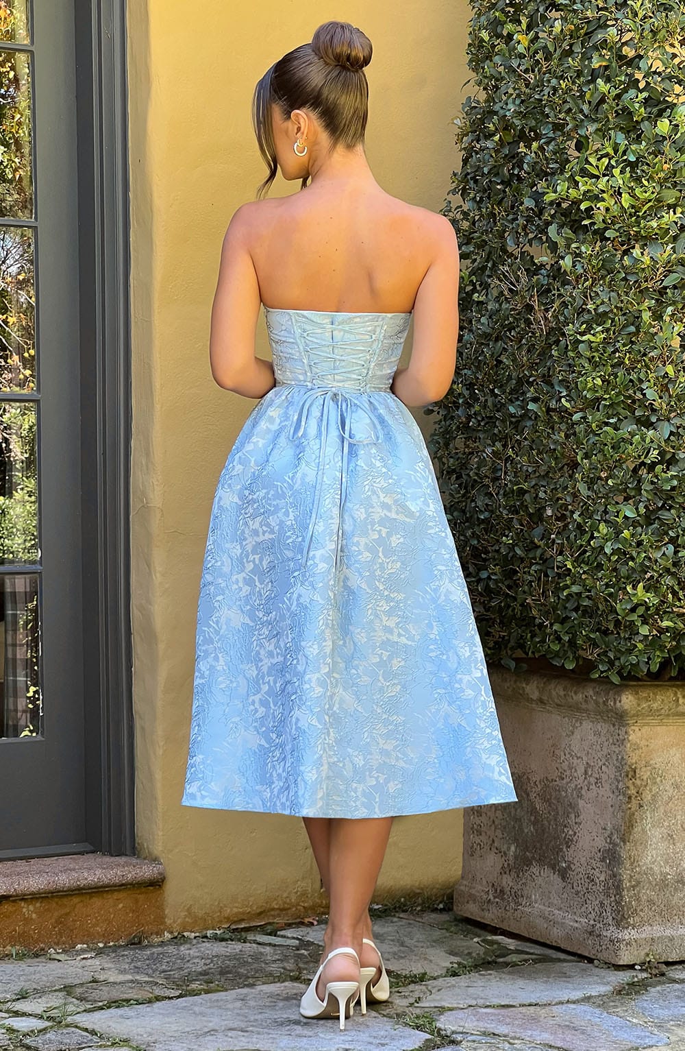 Floral Jacquard Strapless Ruched Waist Fit and Flare Midi Dress 7