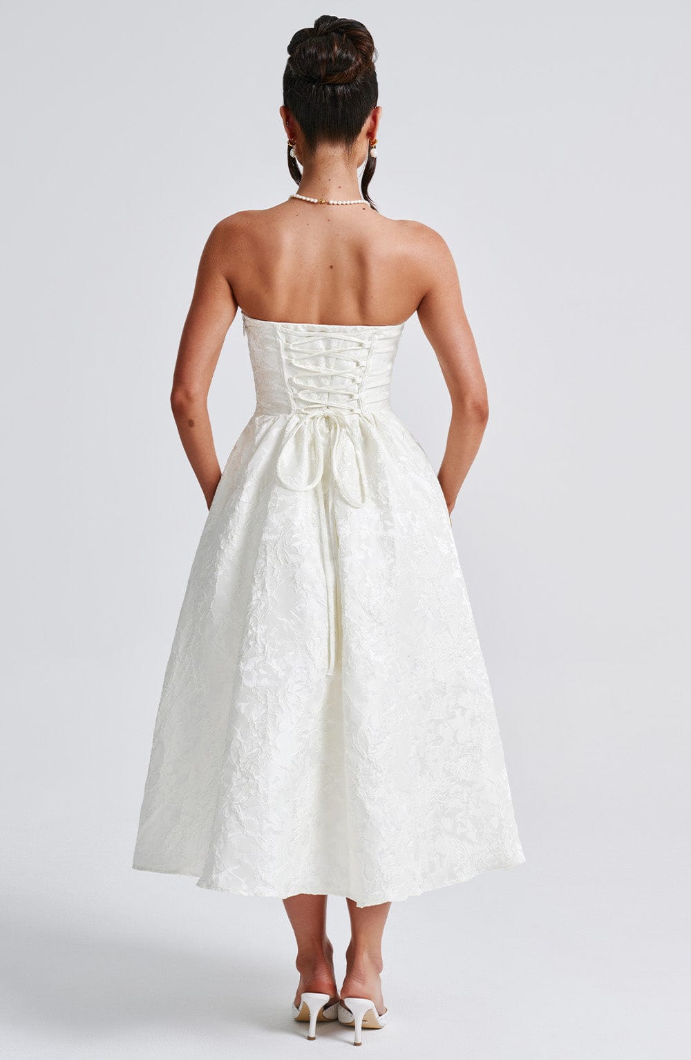 Floral Jacquard Strapless Ruched Bodice A-Line Midi Dress 7