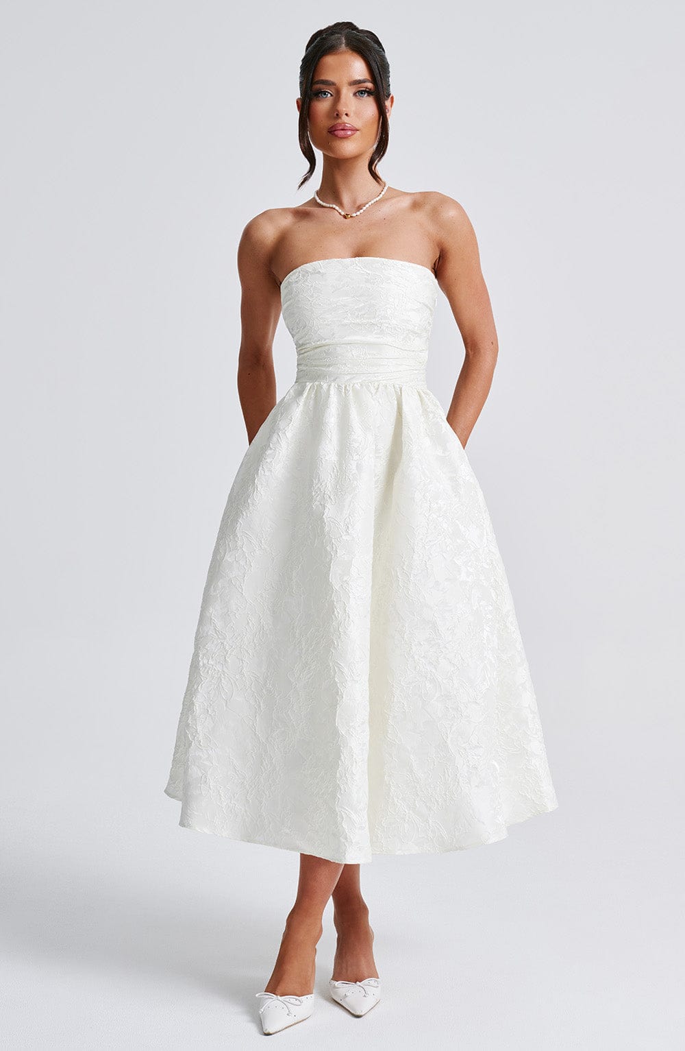 Floral Jacquard Strapless Ruched Bodice A-Line Midi Dress 9