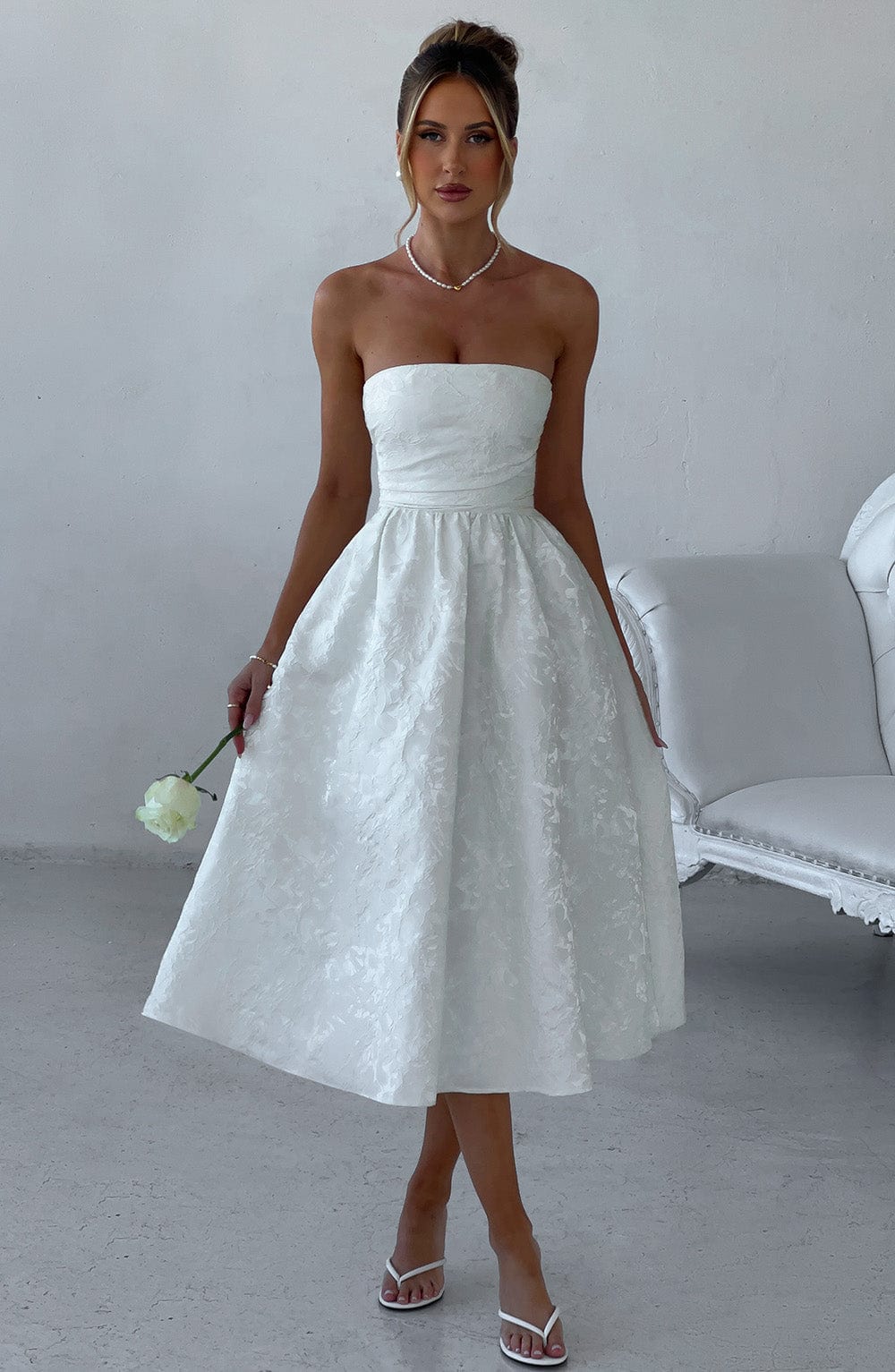 Floral Jacquard Strapless Ruched Bodice A-Line Midi Dress 8