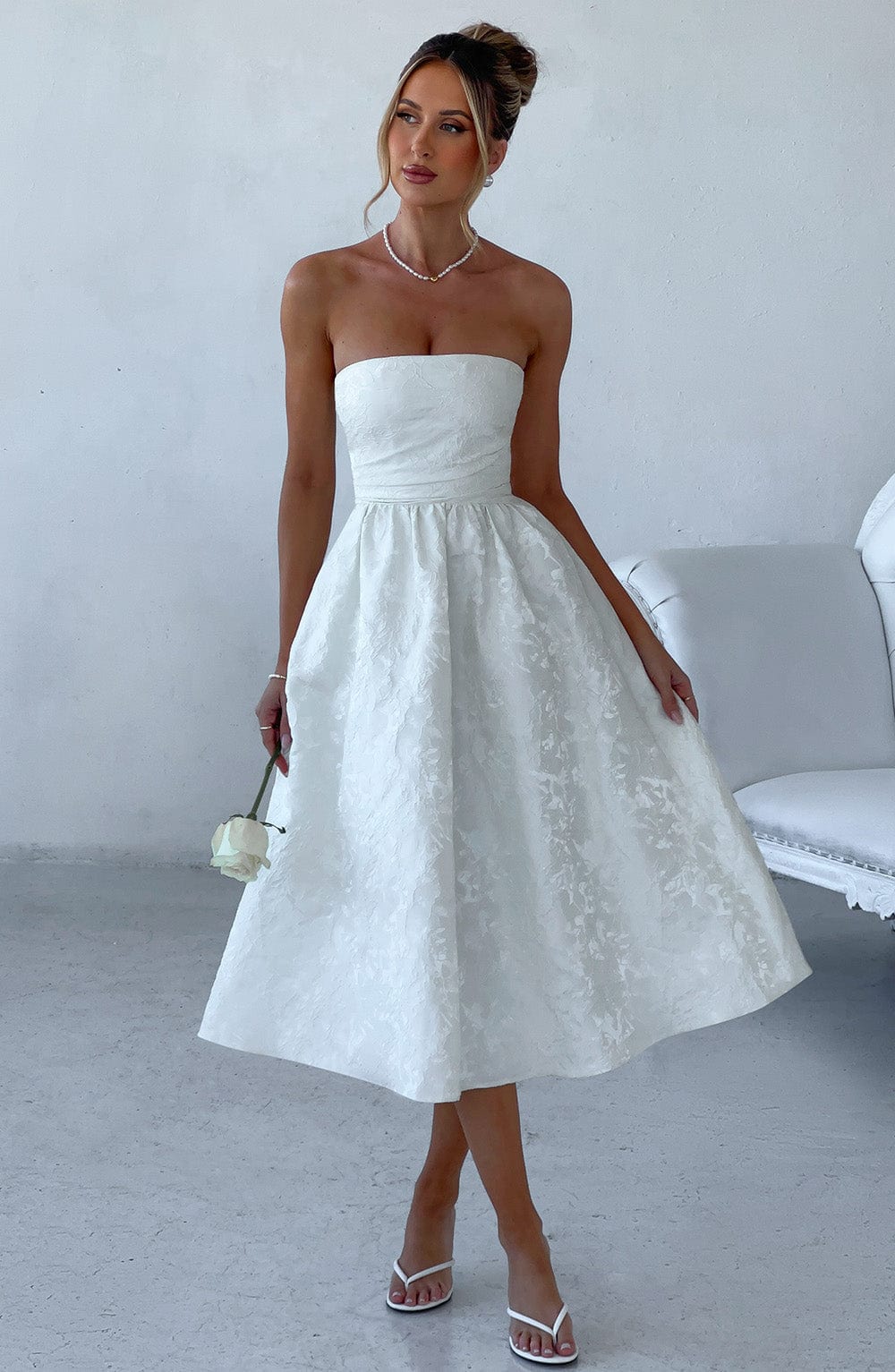 Floral Jacquard Strapless Ruched Bodice A-Line Midi Dress 4
