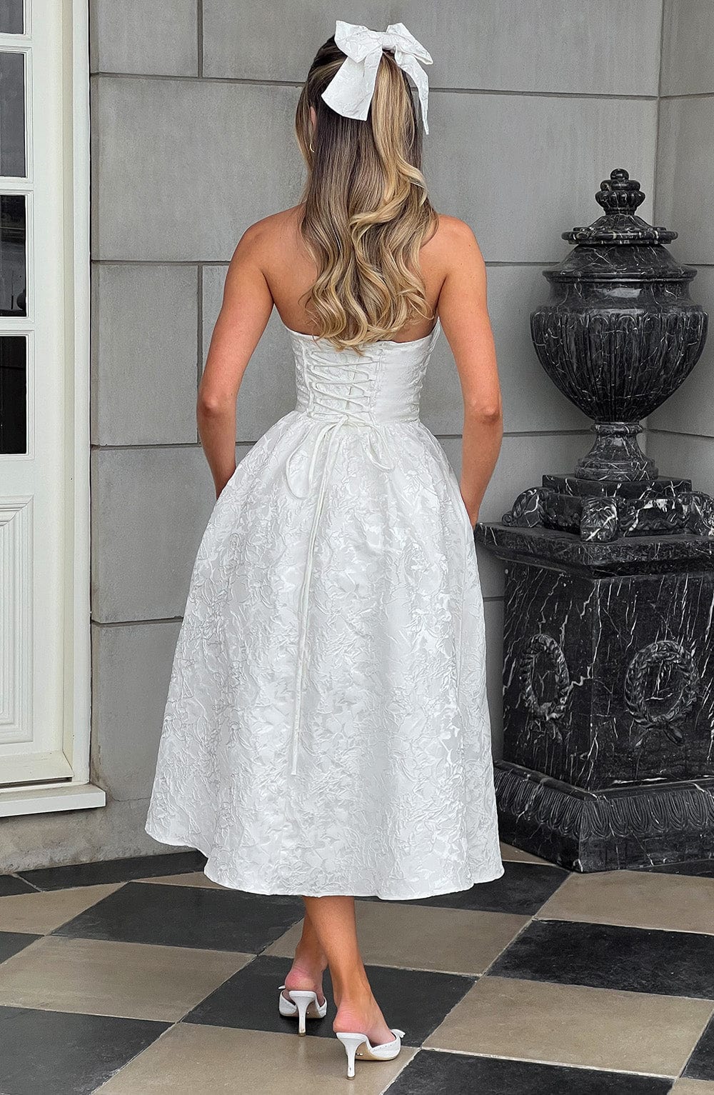 Floral Jacquard Strapless Ruched Bodice A-Line Midi Dress 2