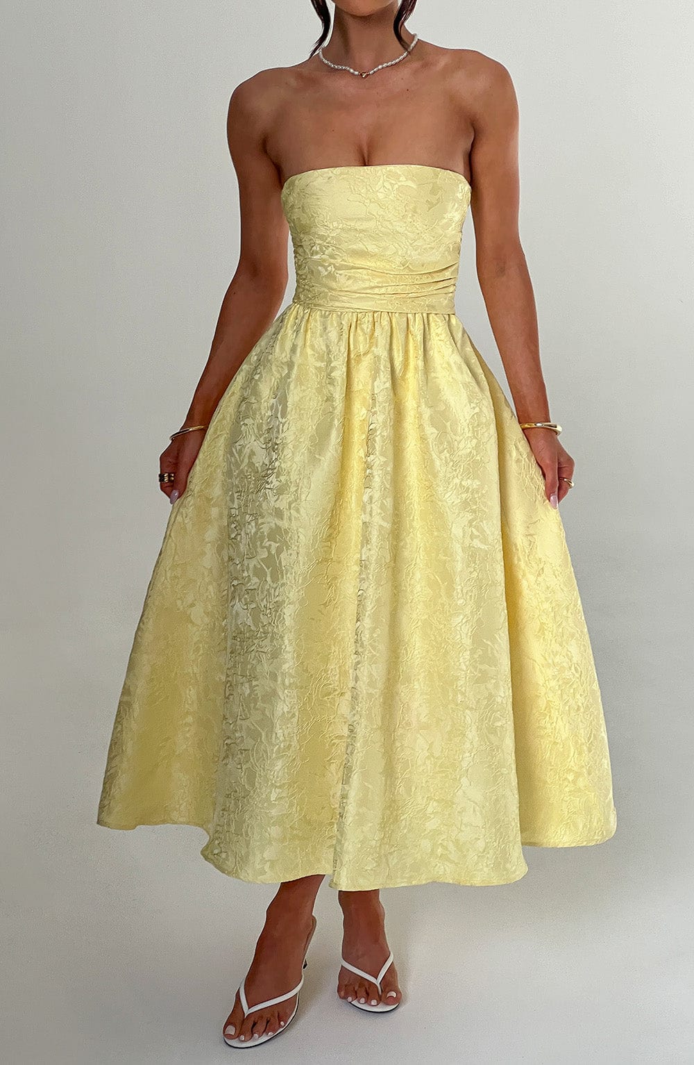 Jacquard Strapless Ruched Bodice A-Line Midi Dress 3