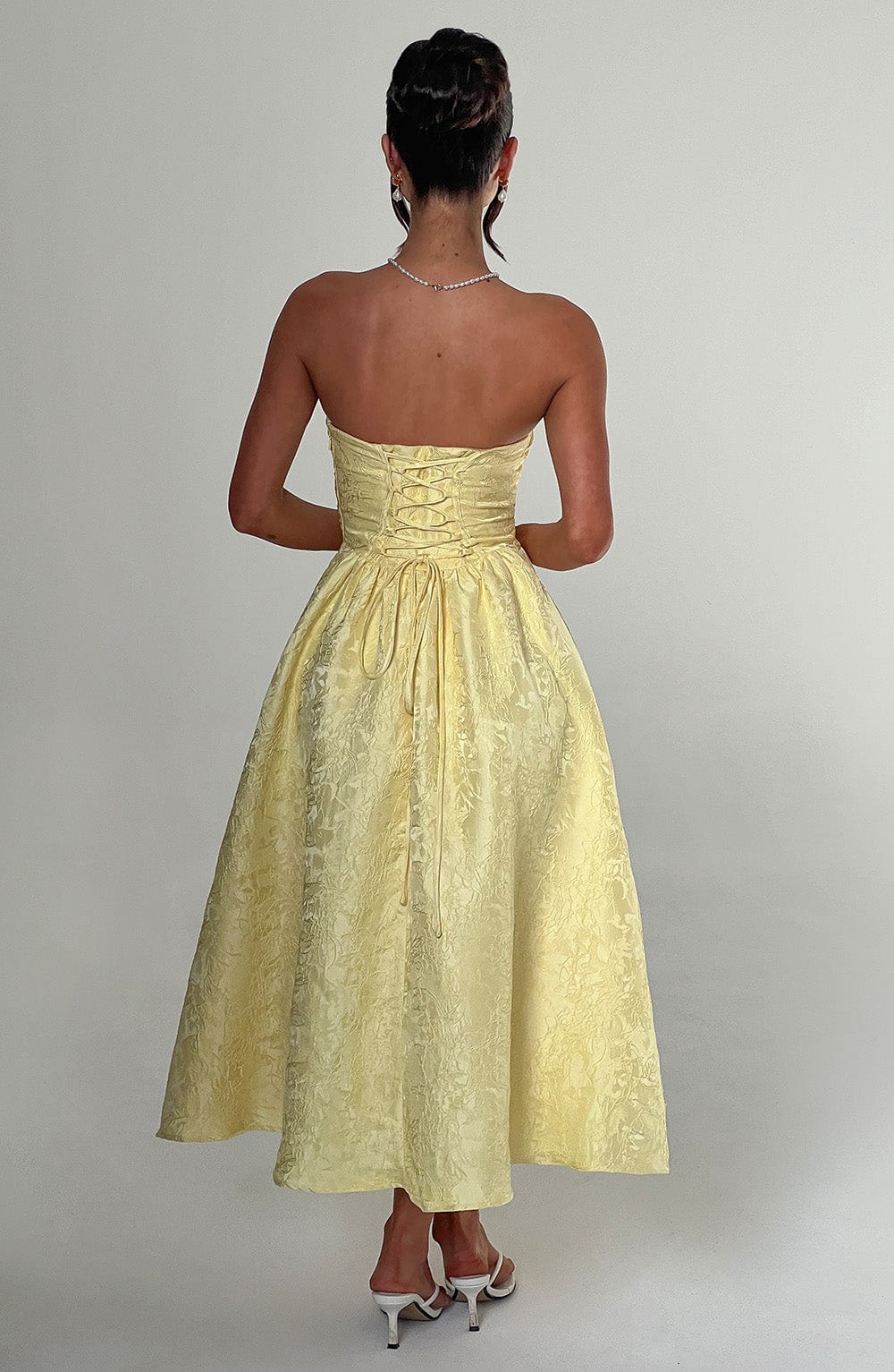 Jacquard Strapless Ruched Bodice A-Line Midi Dress 4