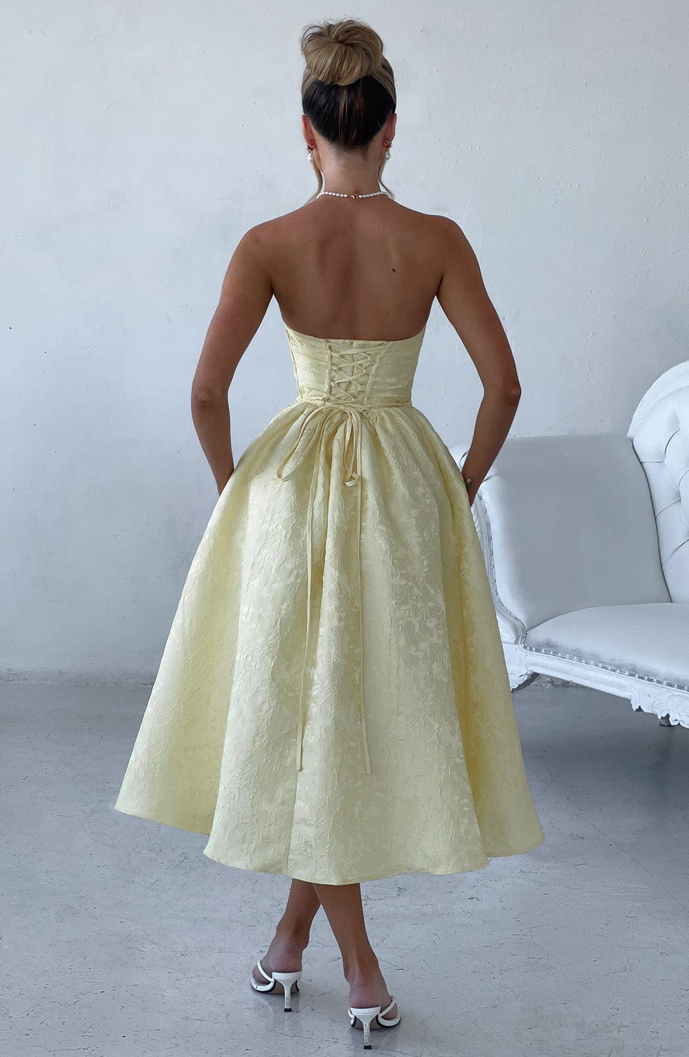 Jacquard Strapless Ruched Bodice A-Line Midi Dress 2
