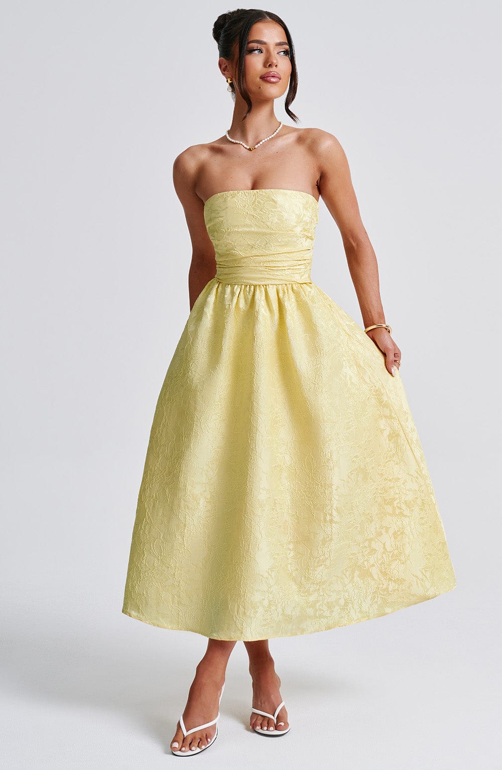 Jacquard Strapless Ruched Bodice A-Line Midi Dress 6