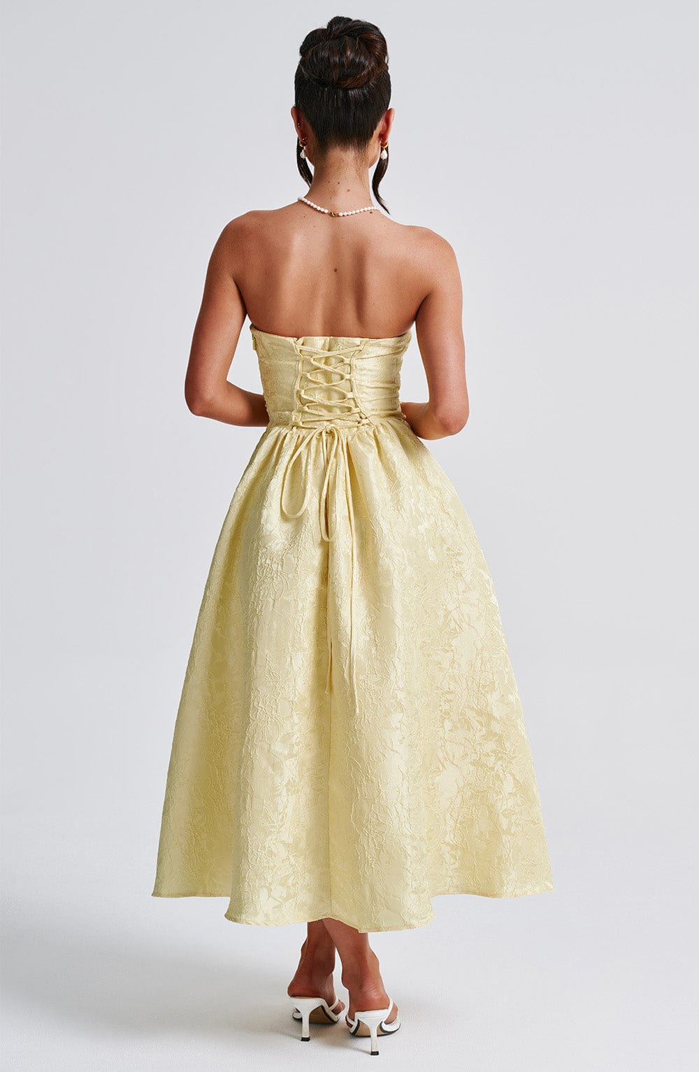 Jacquard Strapless Ruched Bodice A-Line Midi Dress 7