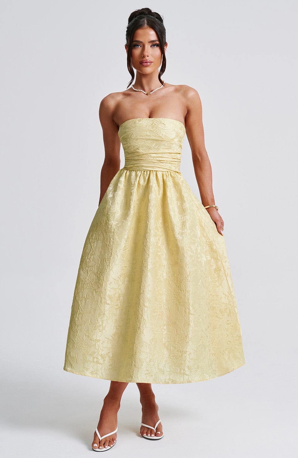Jacquard Strapless Ruched Bodice A-Line Midi Dress 8