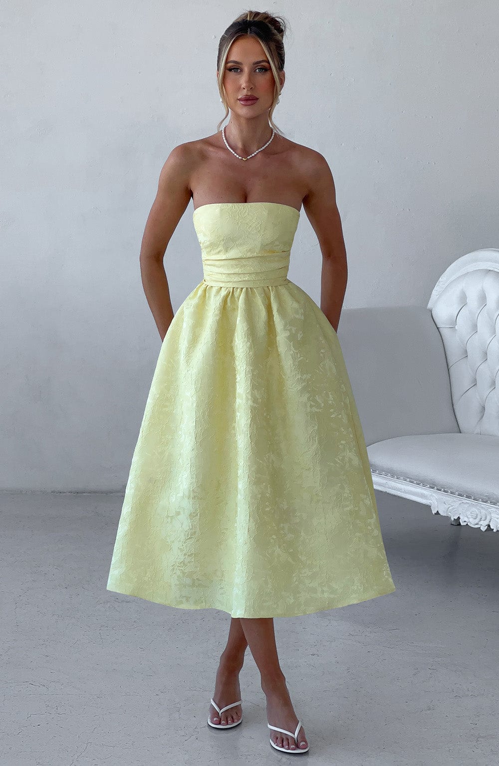 Jacquard Strapless Ruched Bodice A-Line Midi Dress