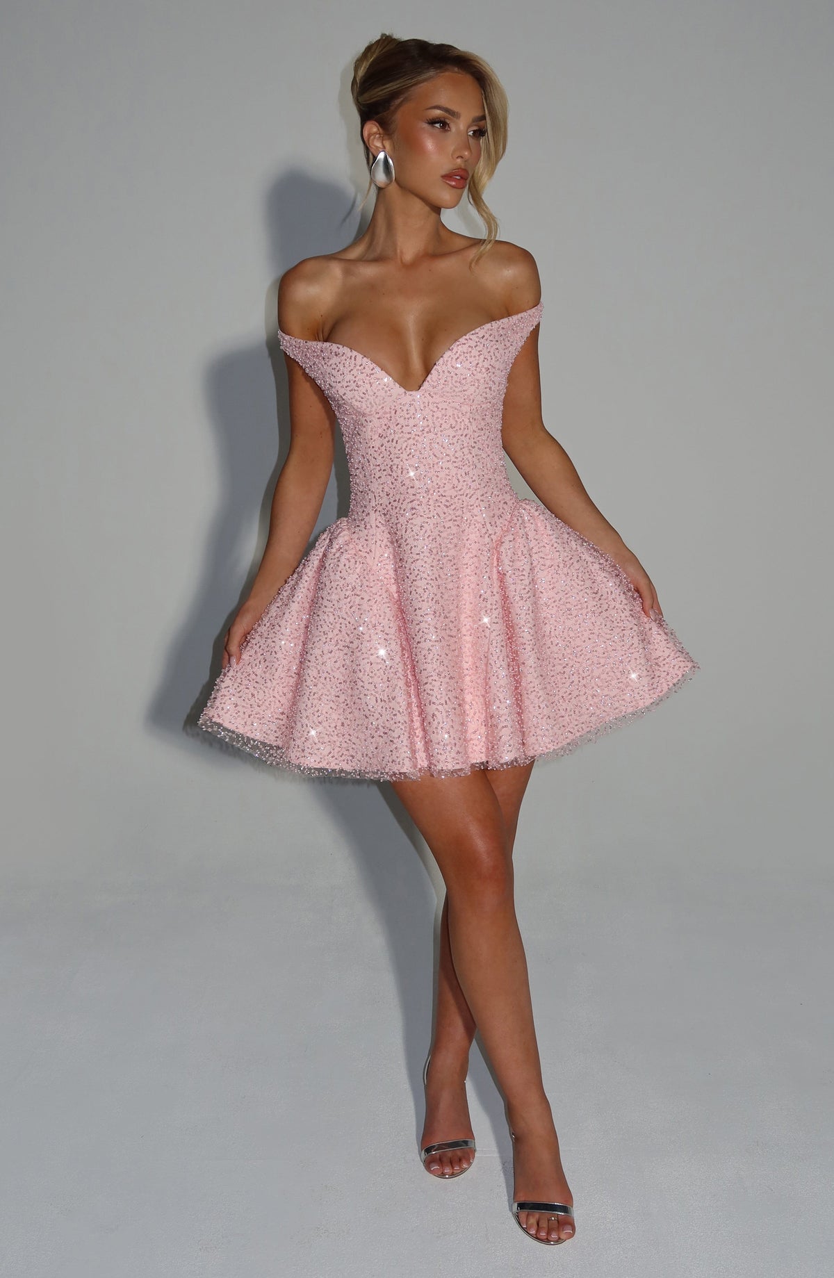 Sequin Off Shoulder Plunge Sweetheart Scarf Neck Fit and Flare Mini Dress 5