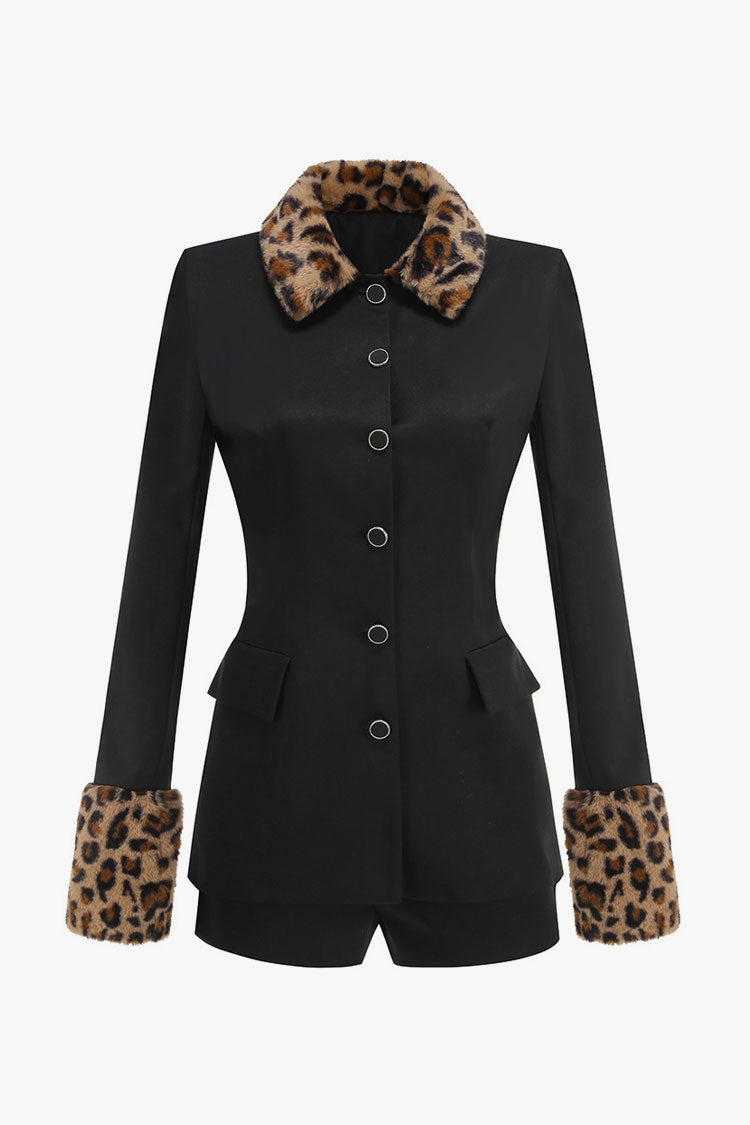 Sassy Leopard Print Faux Fur Collar Button Up Blazer Two Piece Shorts Set