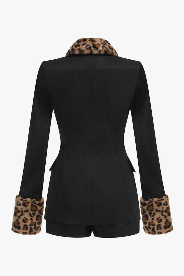 Sassy Leopard Print Faux Fur Collar Button Up Blazer Two Piece Shorts Set