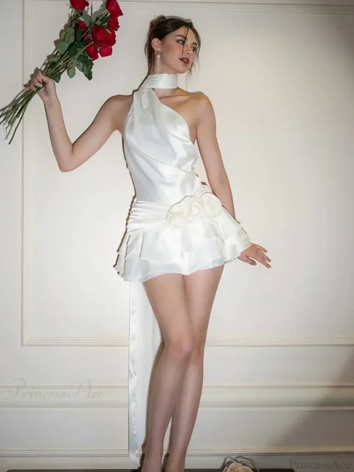 Satin 3D Flower Halter Mini Dress - View 3